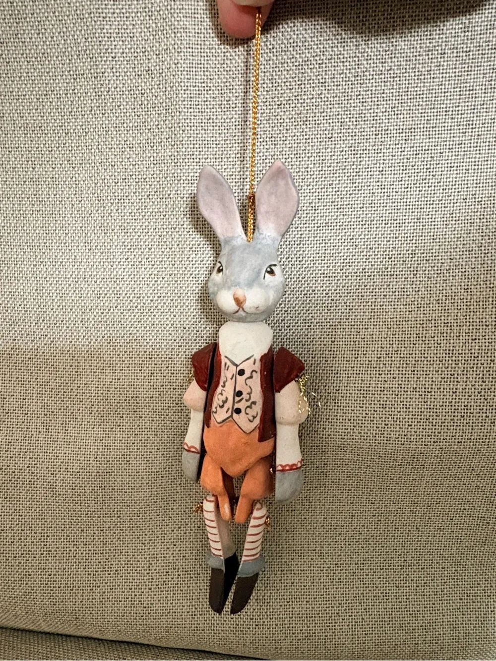 Handcrafted Jointed Clay Bunny Rabbit Ornament Articulated Hanging Folk 5.5”